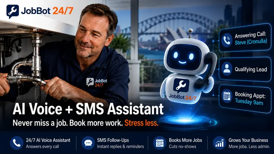 JobBot 24/7 platform diagram showing missed-call capture and SMS alerts